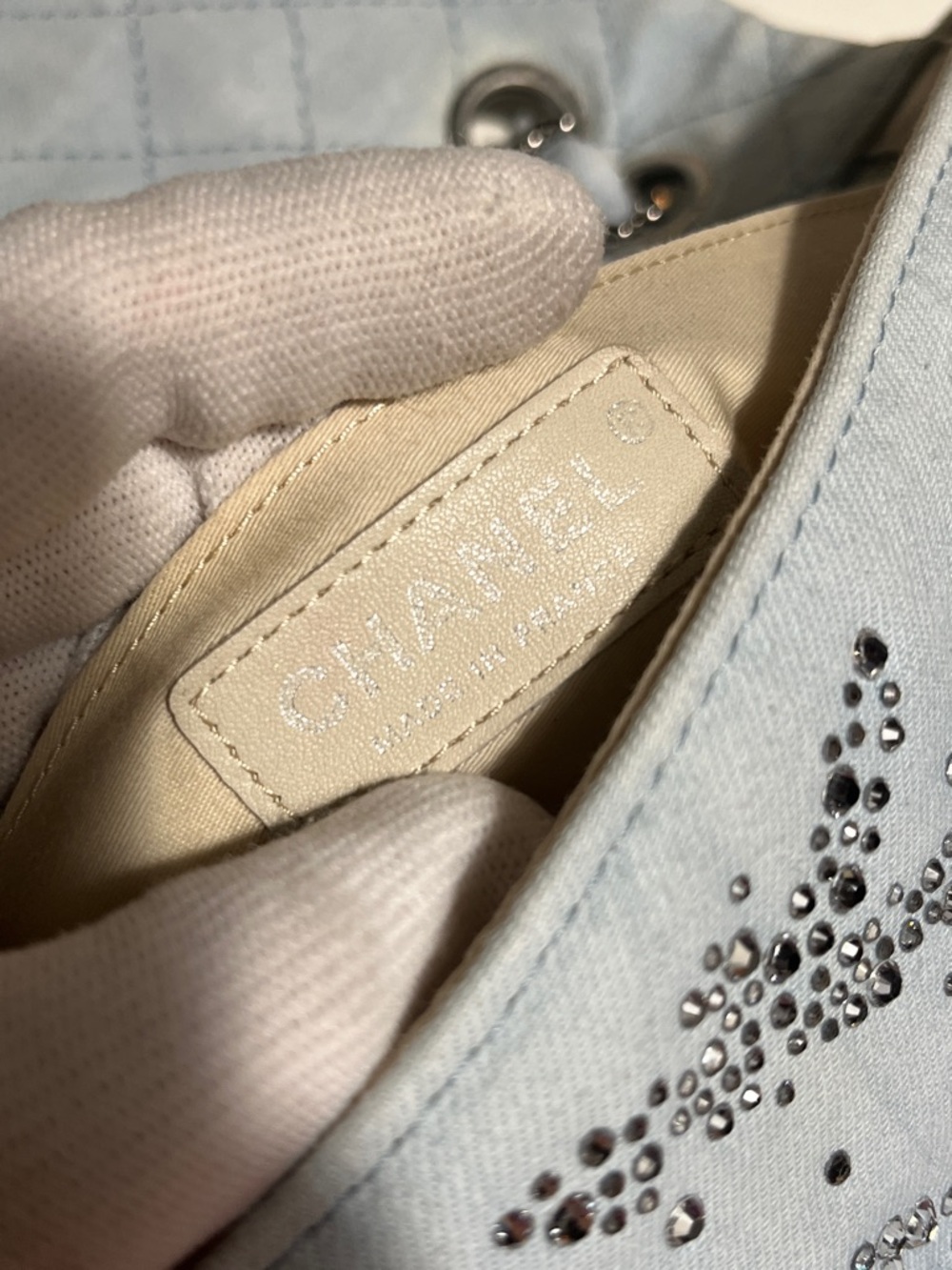 CHANEL Light Blue Quilted Crystal-Studded Shoulder Bag - Picture 13 of 16